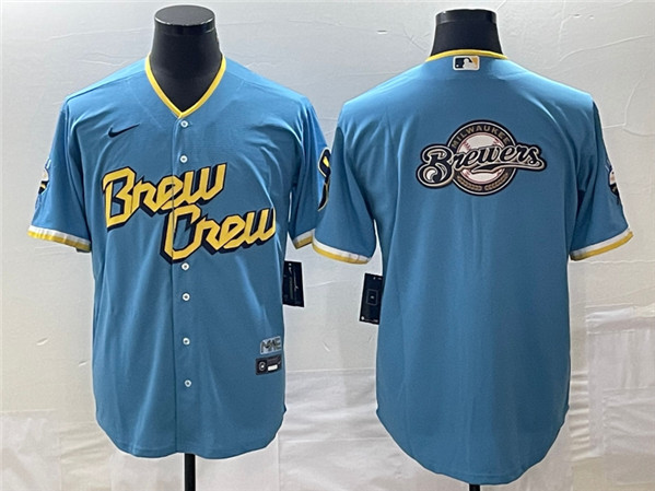 Men's Milwaukee Brewers Powder Blue Team Big Logo City Connect Cool Base Stitched Jersey - Click Image to Close